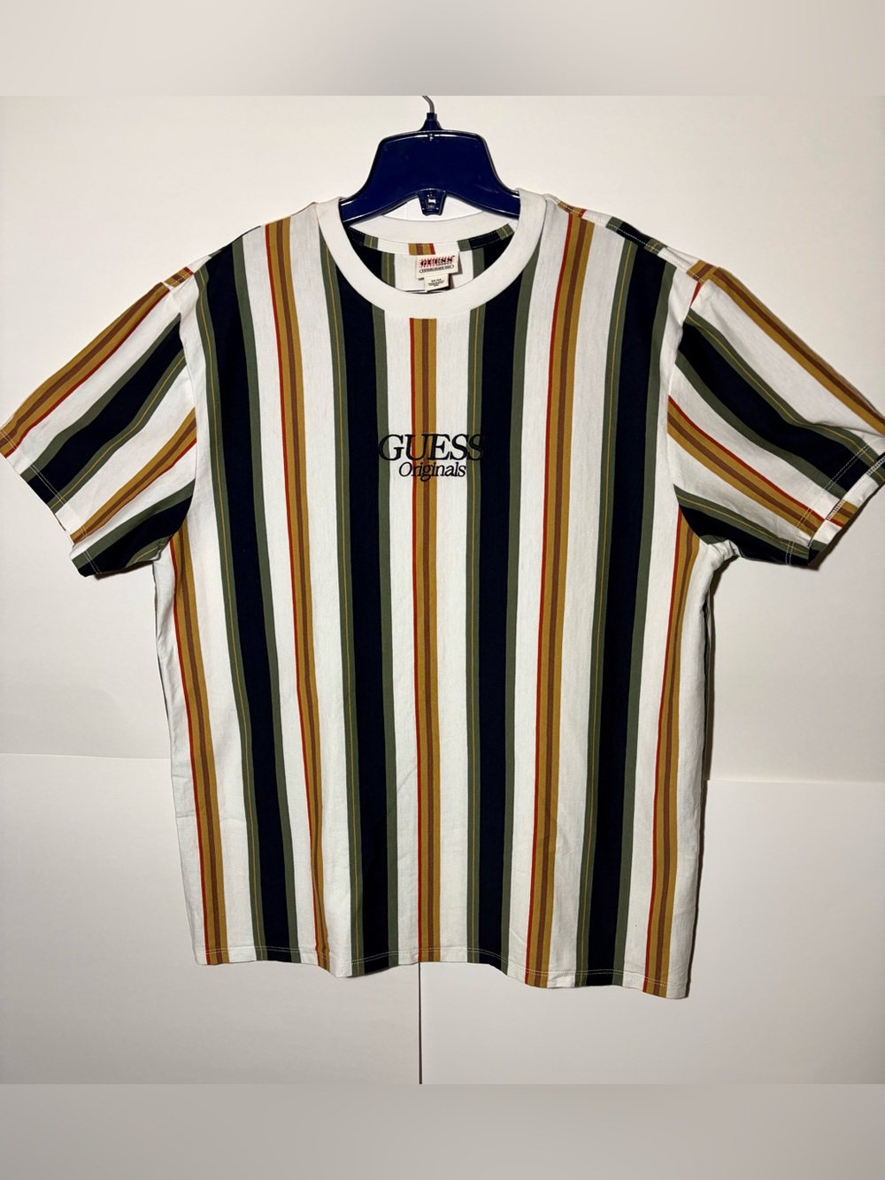 Guess Originals Men's Vertical Stripe Tee in White, Black, Olive & Tan Size M - Picture 2 of 7